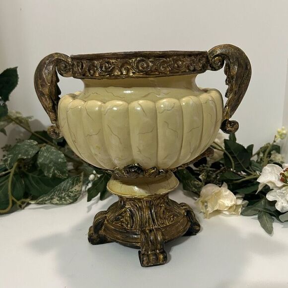 Antique Look Roman Greek Urn Planter Vase 9"x 11" Cream & Bronze Ornate With Lid - Picture 8 of 14